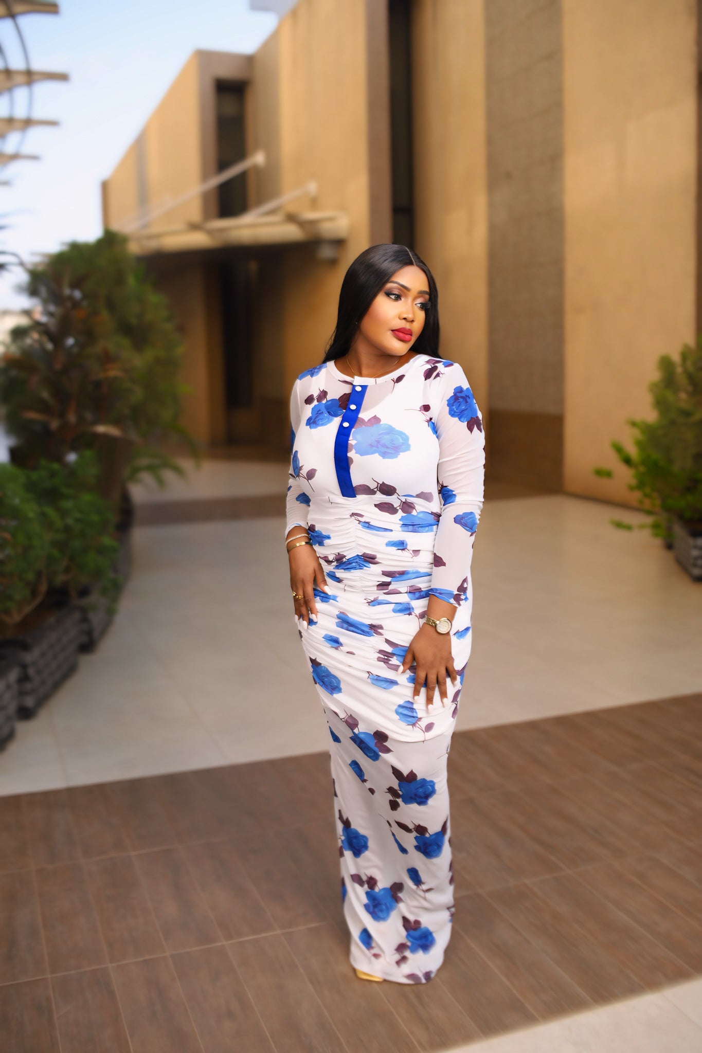 Sleek Blue Lily Body-Con Dress